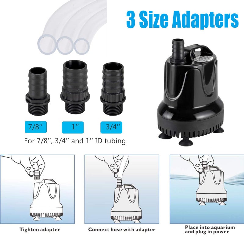 hygger 400 GPH Quick Water Change Aquarium Pump Submersible Fountain Water Pump Fish Tank Pond Drain Transfer Pump with 2 Adaptors - Image 3